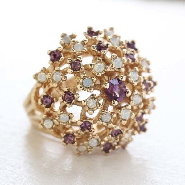 Vintage Ring Amethyst Crystal and Pinfire Opal Burst Ring 18k Gold  R195 - Limited Stock - Never Worn