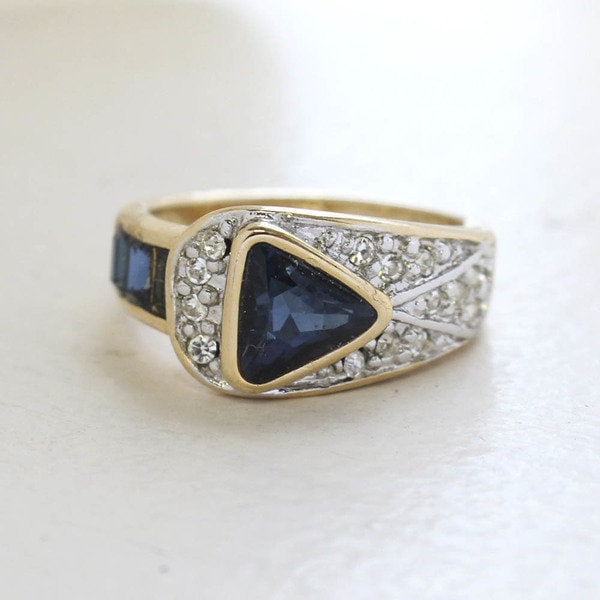 Vintage Ring Sapphire and Clear Swarovski Crystal Pavé Ring 18k Gold Antique Womans Jewelry R2932 - Limited Stock - Never Worn
