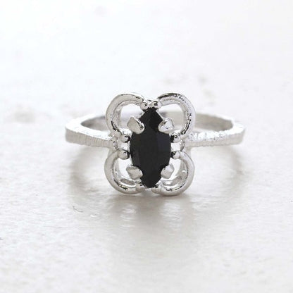 Vintage Ring Marquise Cut Black Crystal Cocktail Ring 18k White Gold Silver Made in the USA R586 - Limited Stock - Never Worn
