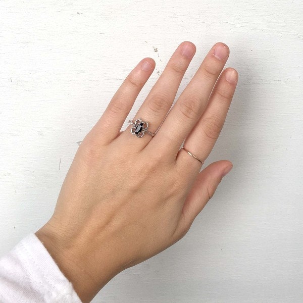 Vintage Ring Marquise Cut Genuine Onyx Cocktail Ring 18k White Gold Silver Dainty Girls Boho Handmade Ring R586 - Limited Stock - Never Worn