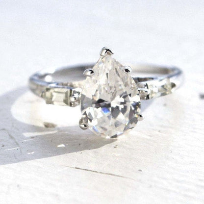 Vintage Ring Pear Cubic Zirconia Engagement Style Ring 18k White Gold Silver Antique Womans Engagement R1897 Size: 10