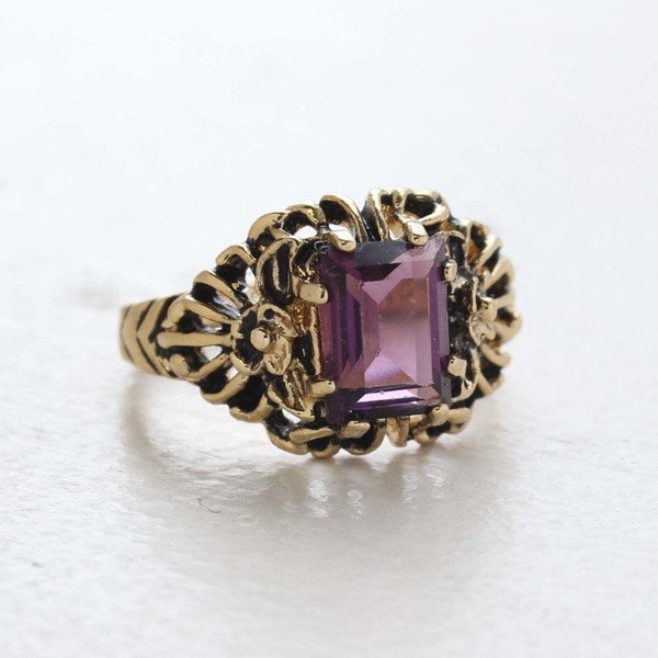 Vintage Ring Emerald Cut Smokey Topaz Swarovski Crystal 18kt Antique Gold  Plated Filligre Ring February Birthstone