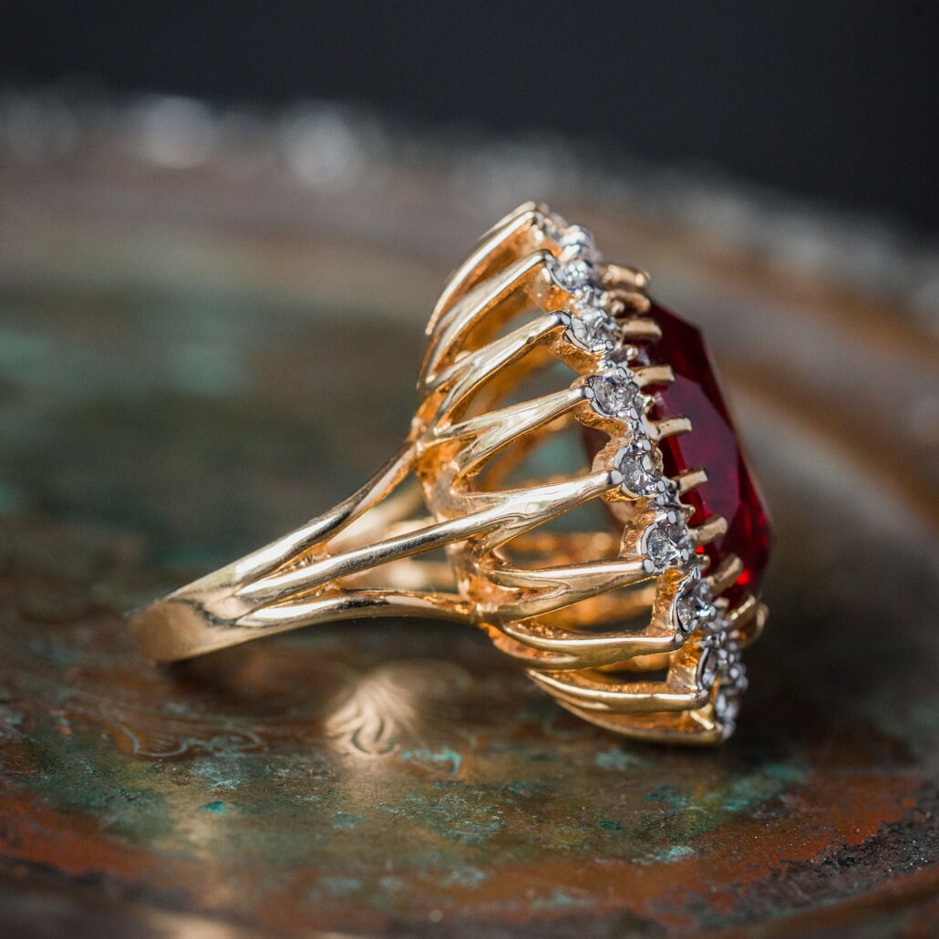 Vintage Ring Ruby Clear Swarovski Crystal Cocktail Ring 18k Gold Large Statement Womans Antique Jewelry #R618 - Limited Stock - Never Worn