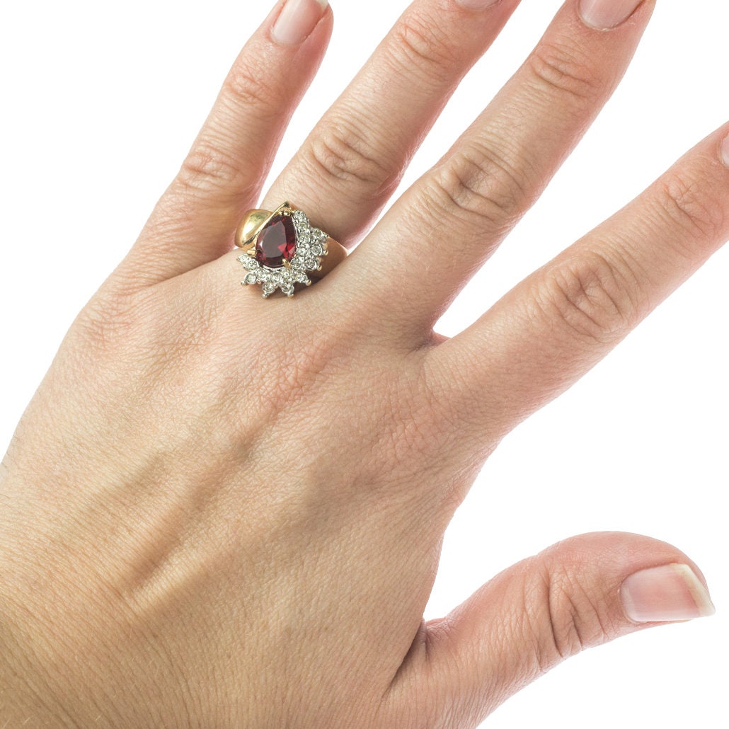Vintage Ring Ruby Cubic Zirconia and Clear Swarovski Crystals 18kt Gold Antique Womans Jewelry #R3163 - Limited Stock - Never Worn