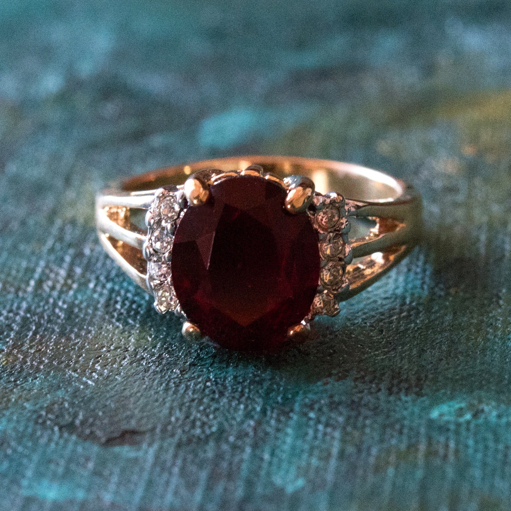 Vintage Ring 1980's Garnet Cubic Zirconia Ring with Clear Swarovski Crystals 18k Gold Size 10 Only R1664