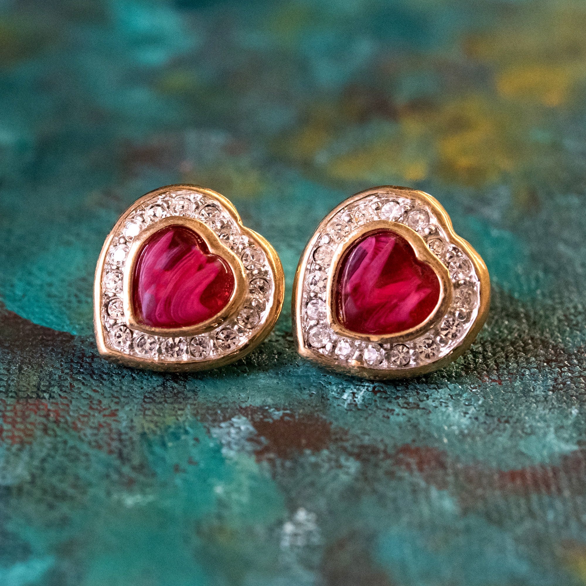 Vintage Earrings Red Cabochon Heart and Clear Crystal Clip Earrings 18k  Gold #E3140 | PVD Vintage Jewelry