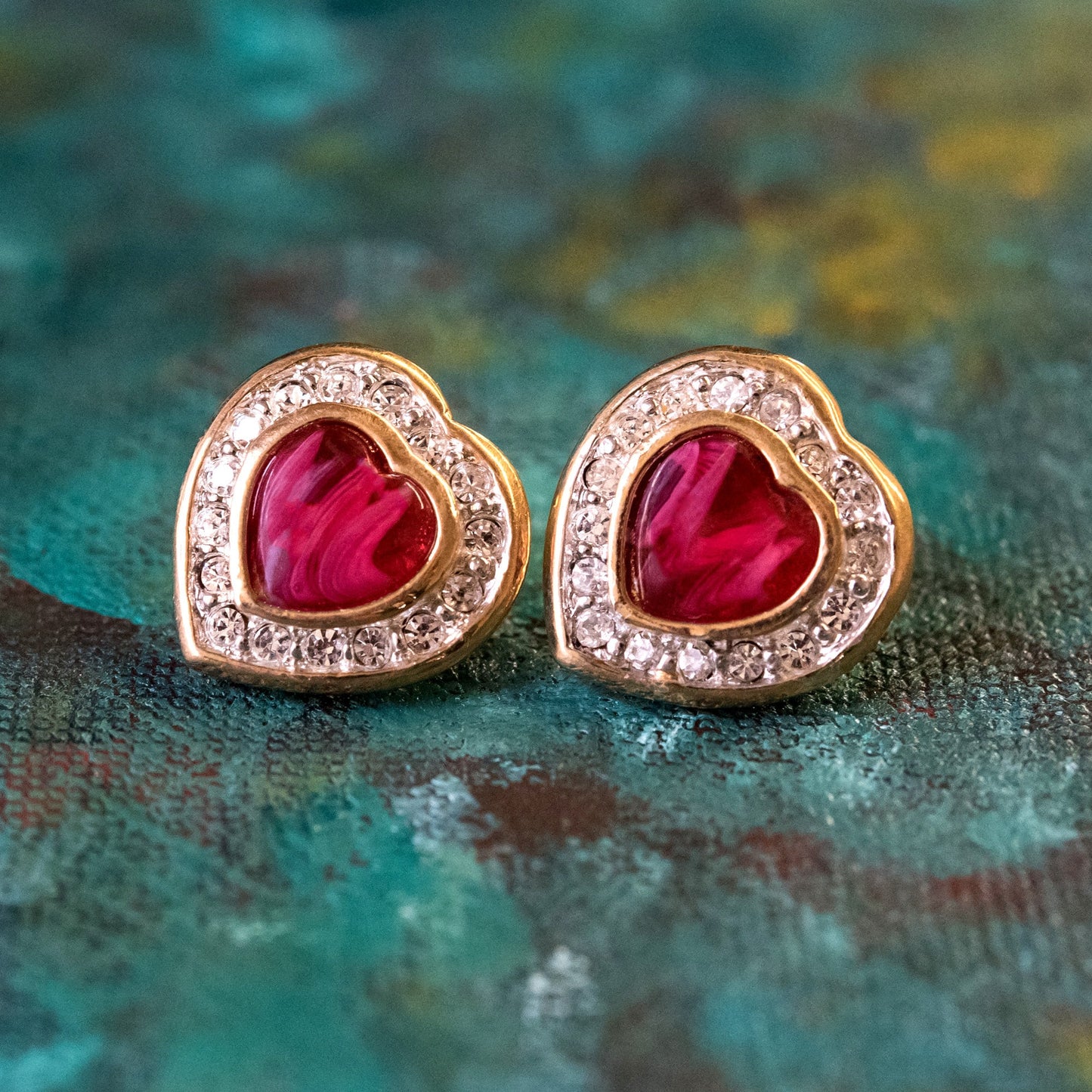 Vintage Earrings Red Cabochon Heart and Clear Crystal Clip Earrings 18k Gold #E3140