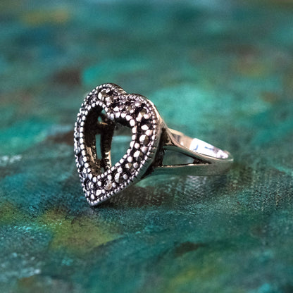 Vintage Ring Genuine Marcasite Heart Ring Antique 18k White Gold Silver  R1756 - Limited Stock - Never Worn