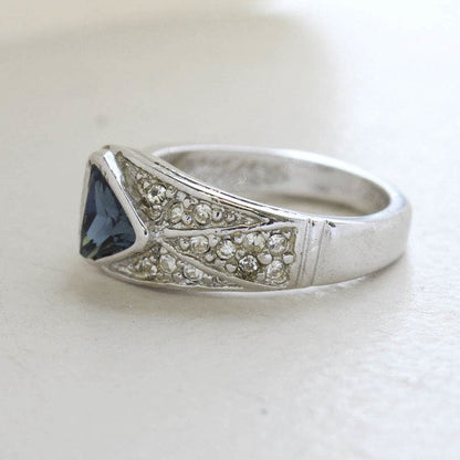 Vintage Ring Sapphire and Clear Crystal Pavé Ring 18k White Gold Silver Made in the USA R2932 - Limited Stock - Never Worn