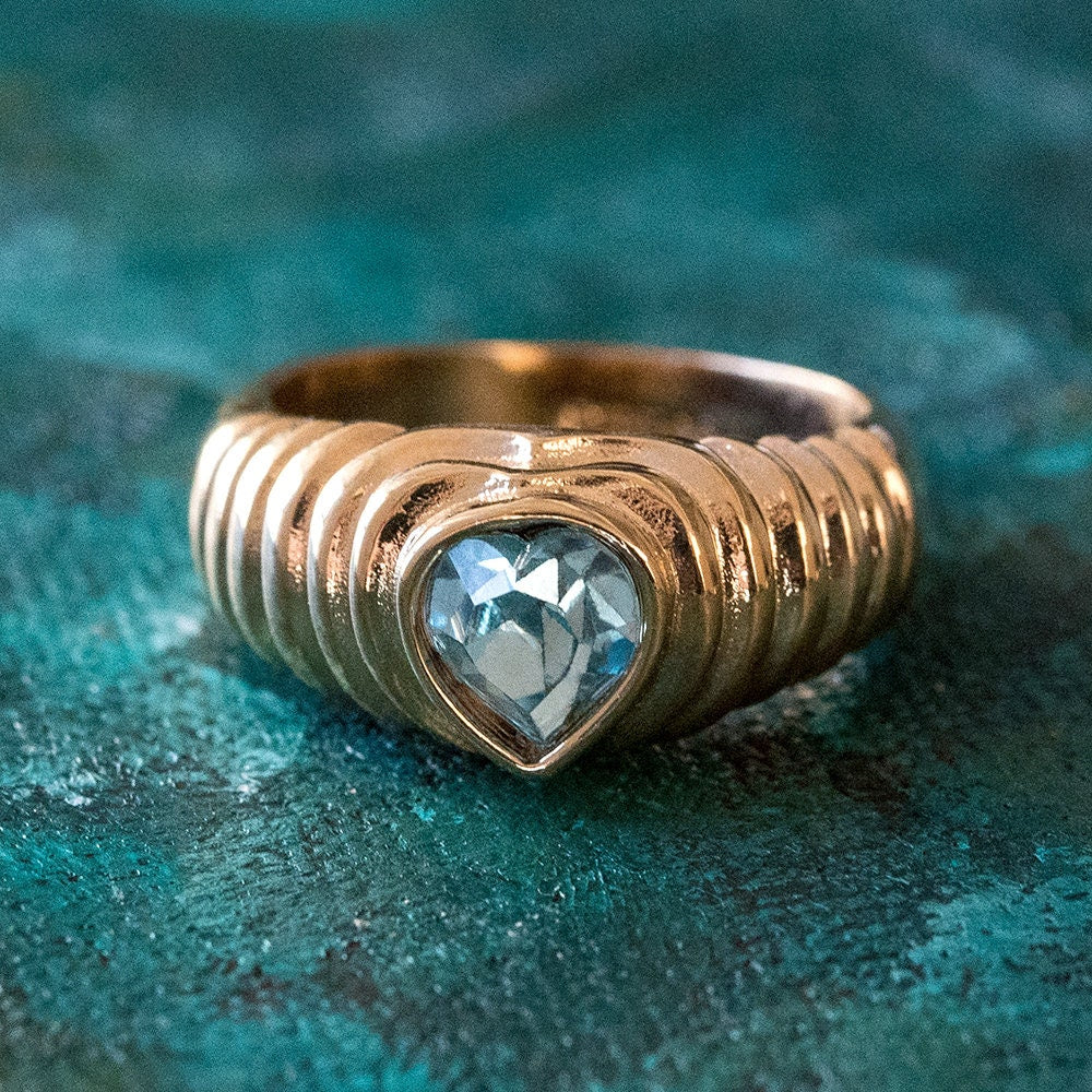 Vintage Ring Aquamarine Swarovski Crystal Heart Ring 18k Gold Antique Promise Jewelry Handmade Big Womans R2063 - Limited Stock - Never Worn