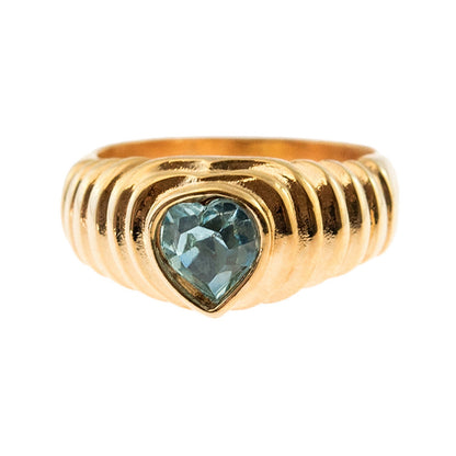 Vintage Ring Aquamarine Swarovski Crystal Heart Ring 18k Gold Antique Promise Jewelry Handmade Big Womans R2063 - Limited Stock - Never Worn
