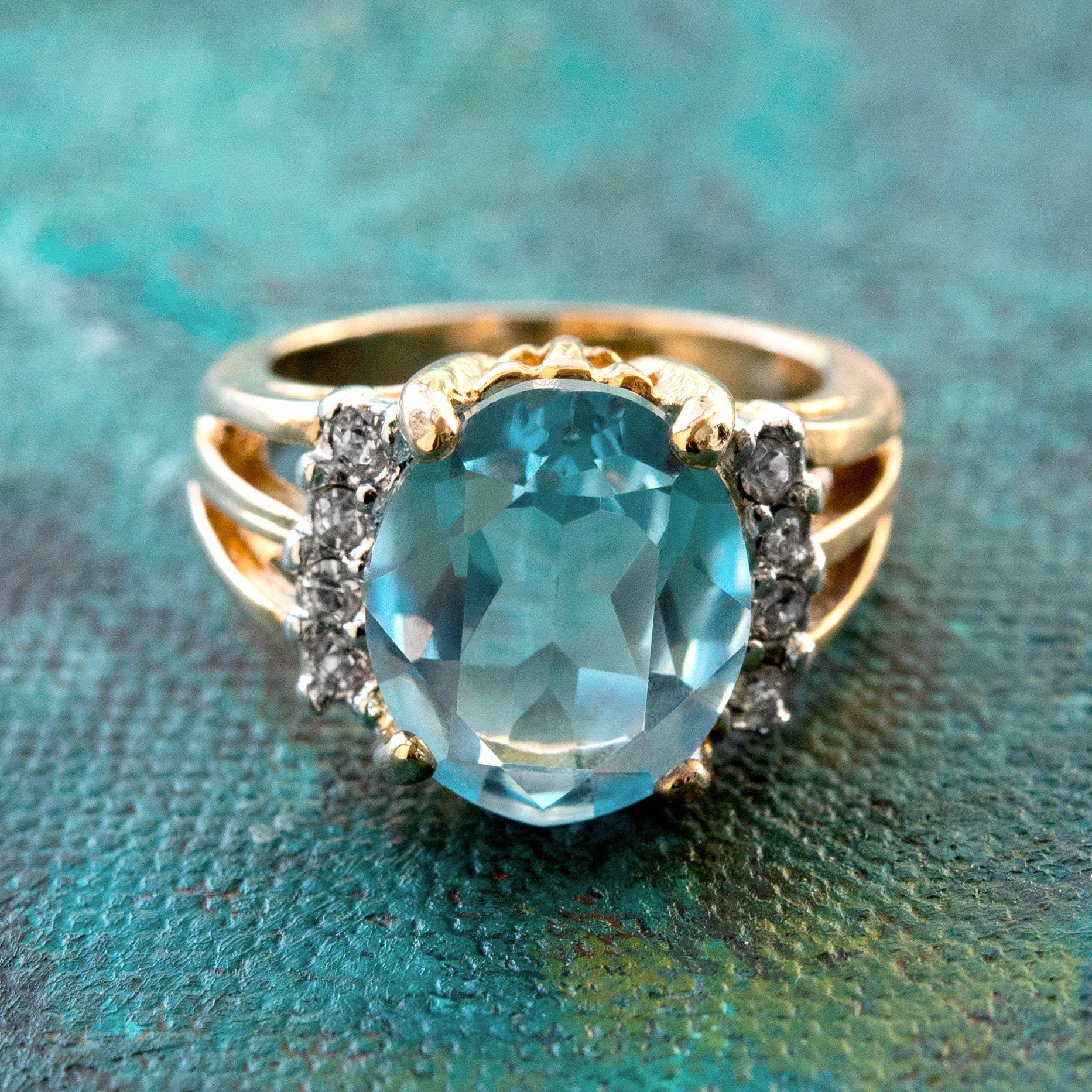 Vintage Ring 1980s Aquamarine Cubic Zirconia Ring Clear Swarovski Crystal 18k Gold Antique Womans Jewlery R1664 - Limited Stock - Never Worn