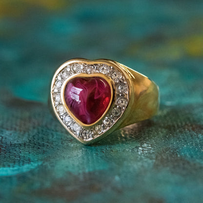 Vintage Ring Red and Clear Swarovski Crystals Heart Ring 18k Gold Womans Antique R3140 - Limited Stock - Never Worn