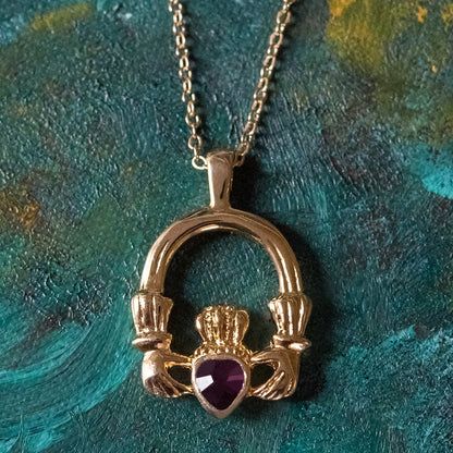 Vintage Claddagh Necklace Amethyst Swarovski Heart Crystal 18k Gold Antique Jewlery for Women N3099