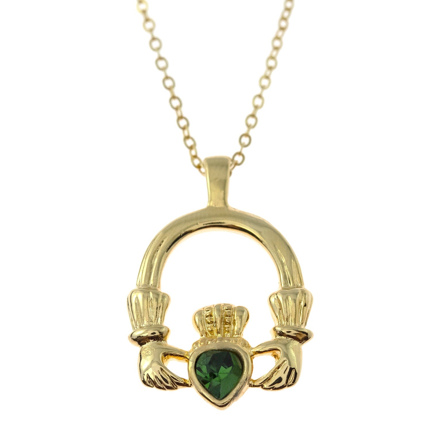 Vintage Claddagh Necklace Green Tourmaline Swarovski Heart Crystal Antique 18k Gold Made in the USA N3099