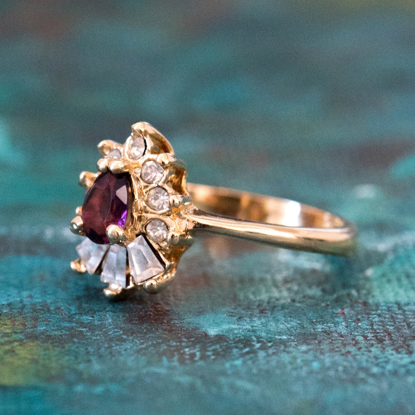Vintage Ring 1990's Amethyst and Clear Swarovski Crystals 18k Gold Plated Ring Antique Womans Engagement R3093 - Limited Stock - Never Worn