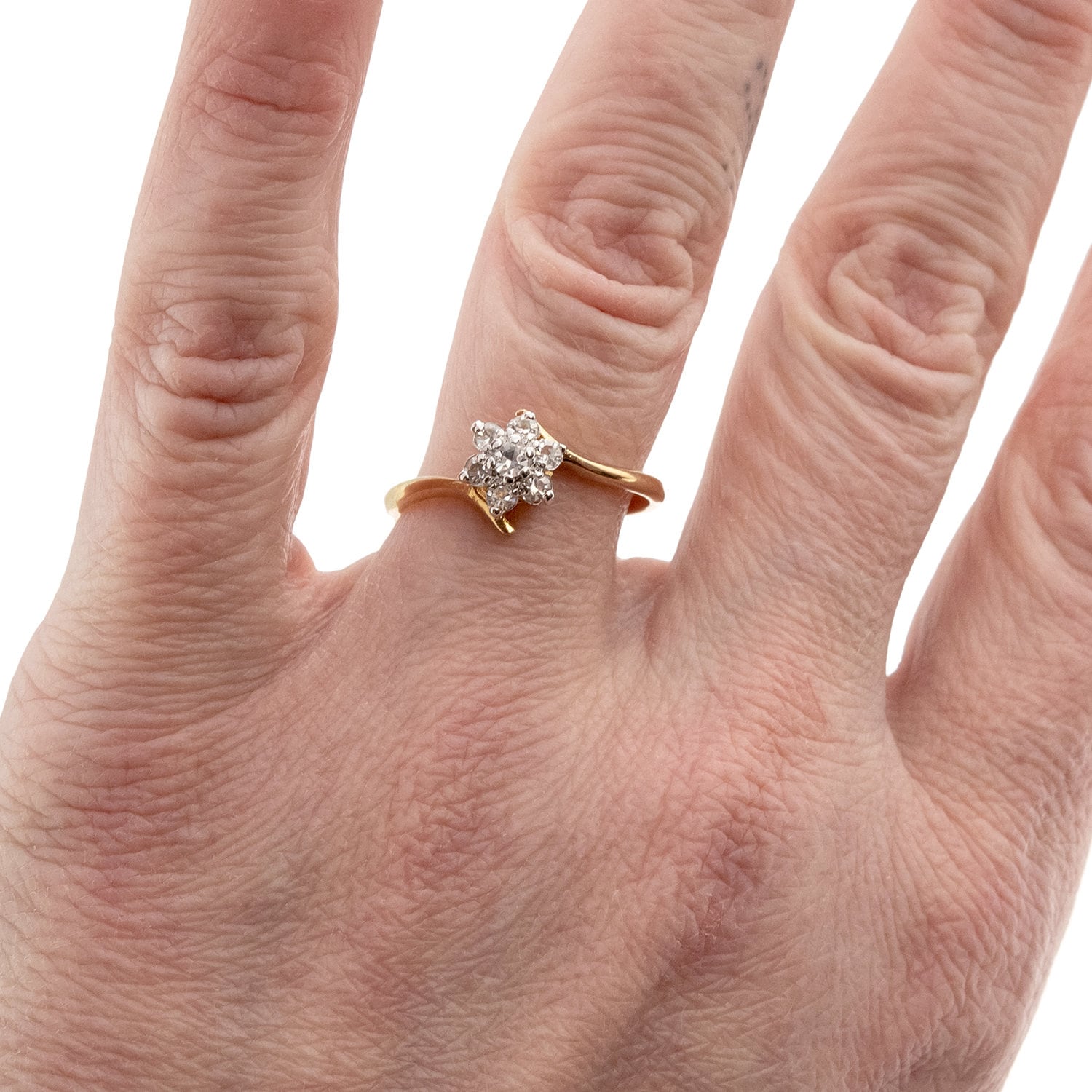 Vintage Ring Jewelry Clear Swarovski Crystal Flower Motif Cocktail Ring 18k Gold Made in the USA R1766