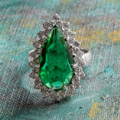Victorian Style Ring Emerald and Clear Swarovski Crystals 18k White Gold Cocktail Ring Antique Womans #R212