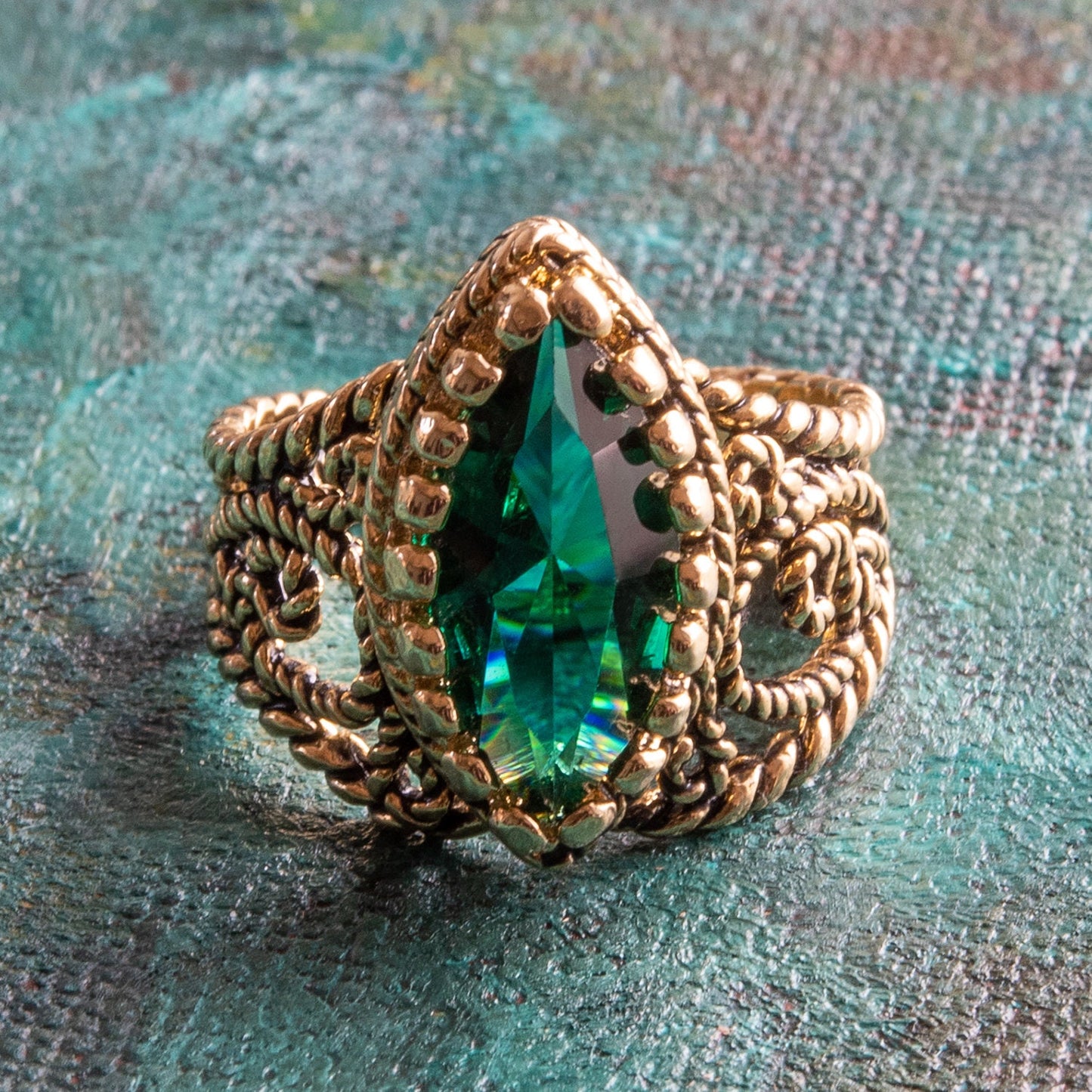 Vintage Ring Emerald Swarovski Crystal Antique 18k Gold Filigree Edwardian Style Womans Victorian Jewelry R1444