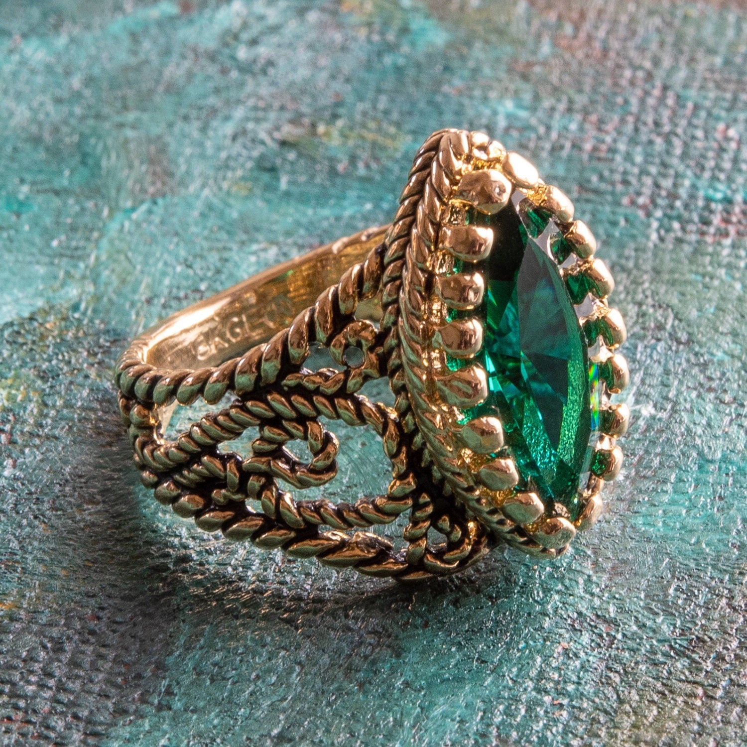 Vintage Ring Emerald Swarovski Crystal Antique 18k Gold Filigree Edwardian Style Womans Victorian Jewelry R1444 - Limited Stock - Never Worn