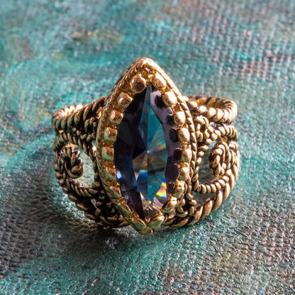 Vintage Ring Sapphire Swarovski Crystal Antique 18k Gold Filigree Edwardian Style Womans Jewelry #R1444 - Limited Stock - Never Worn