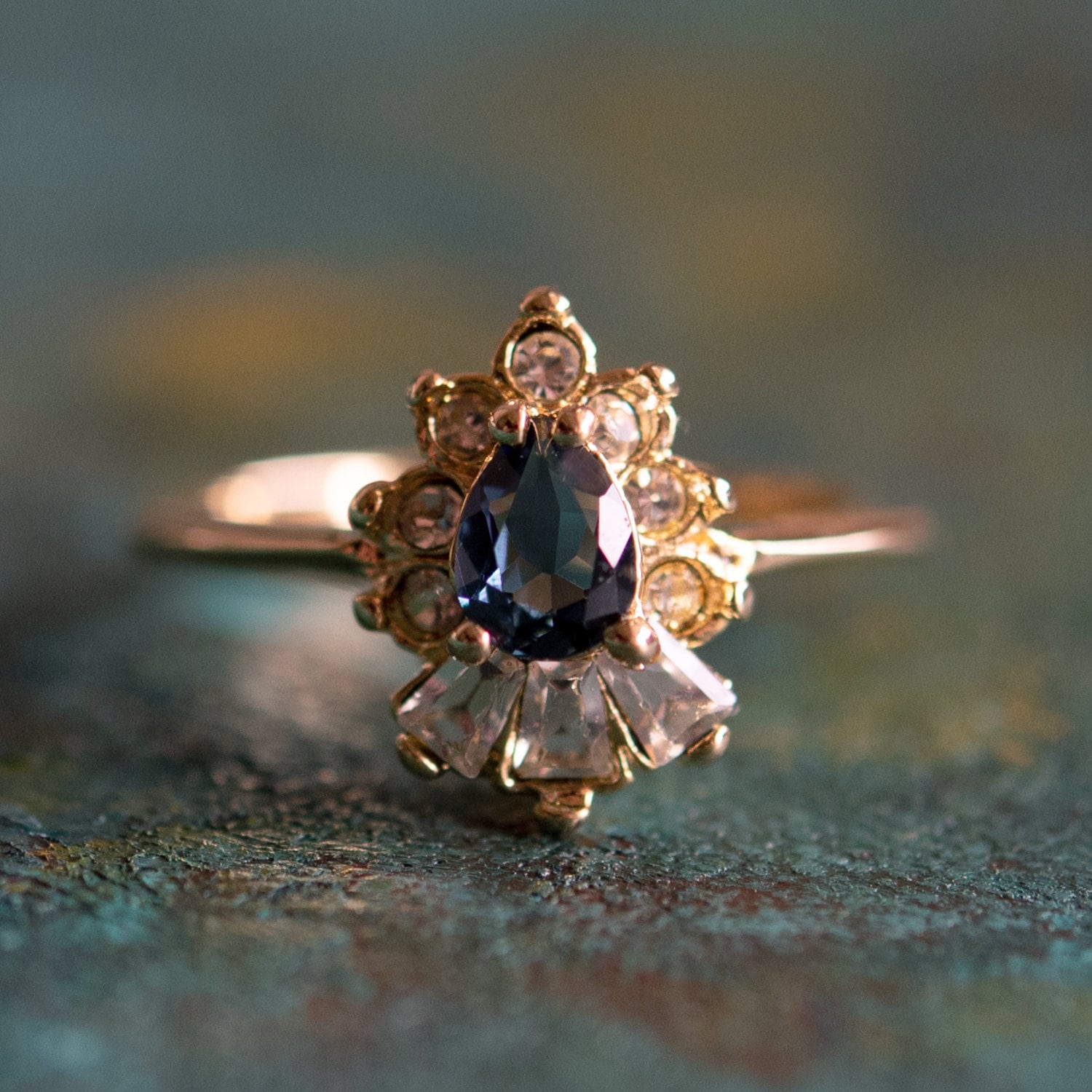 Vintage Ring 1990's Sapphire and Clear Swarovski Crystals 18k Gold Plated Ring R3093 Antique Womans Jewelry - Limited Stock - Never Worn