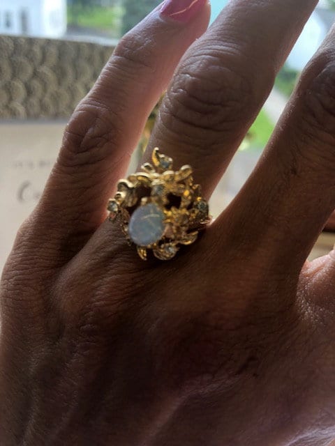 Vintage Ring Flower Petals Ring with Jelly Opal and Clear Crystals 18k Gold Antique Womans Jewelry R245 - Limited Stock - Never Worn