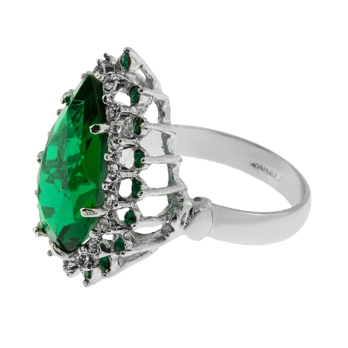 Victorian Emerald and Clear Swarovski Crystals 18k White Gold Silver Cocktail Ring Womans Jewelry #R212 - Limited Stock - Never Worn
