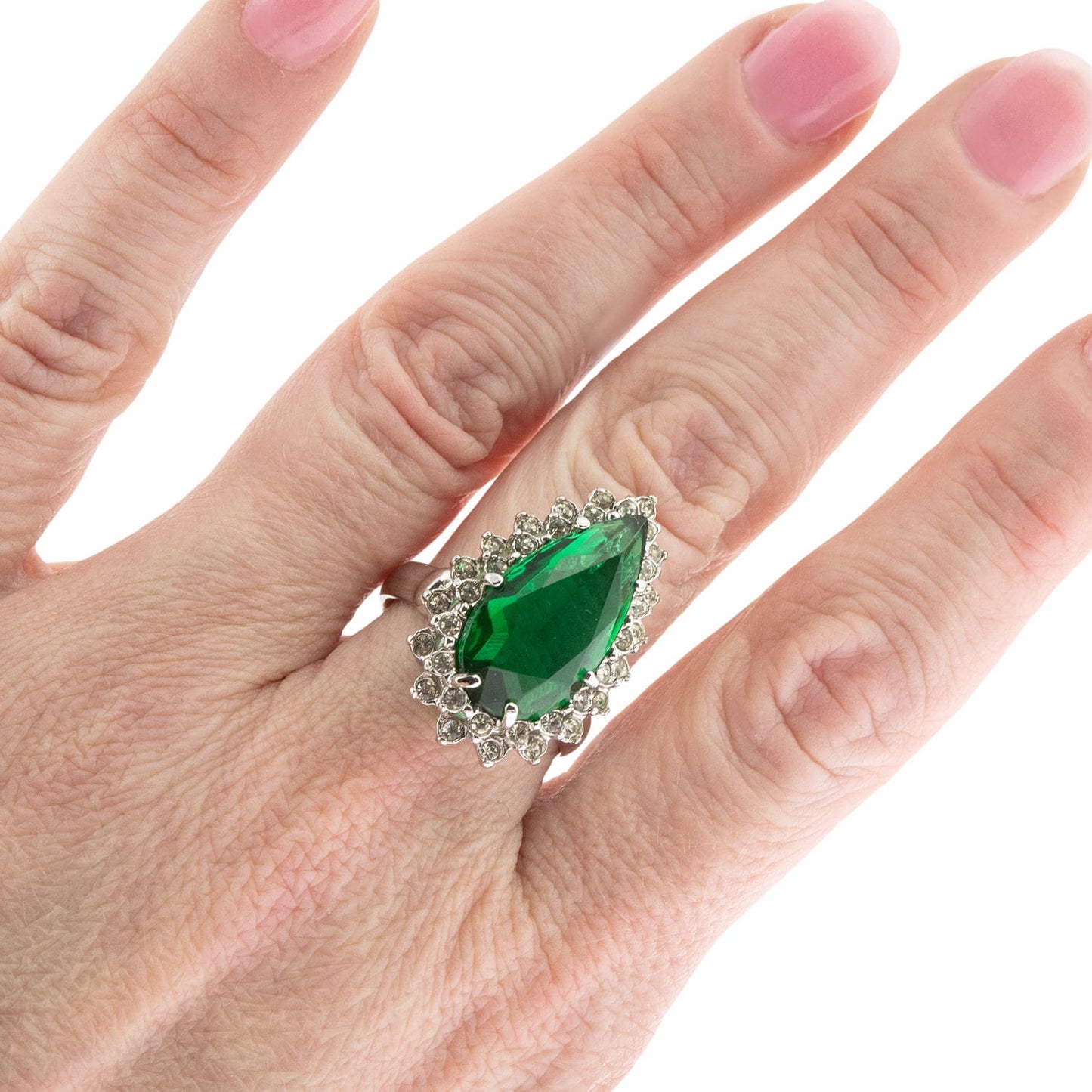 Victorian Style Ring Emerald and Clear Swarovski Crystals 18k White Gold Cocktail Ring Antique Womans #R212 - Limited Stock - Never Worn