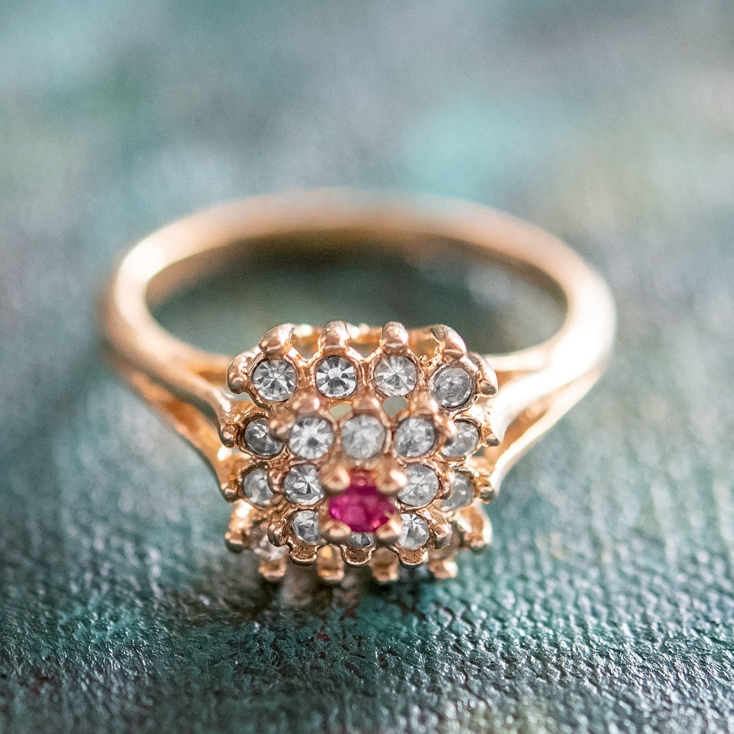 Vintage Ring Genuine Ruby and Clear Swarovski Crystal Ring 18k Gold  R885