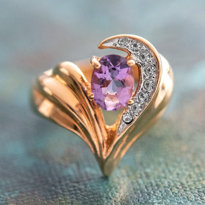 Vintage Ring Genuine Amethyst and Clear Swarovski Crystals 18kt Gold Plated R2734 - Limited Stock - Never Worn