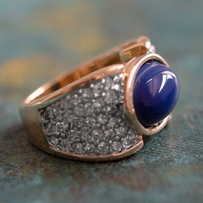 Vintage Ring Lapis Lazuli Bead and Clear Swarovski Crystal Cocktail Ring 18k Gold  R1934 - Limited Stock - Never Worn