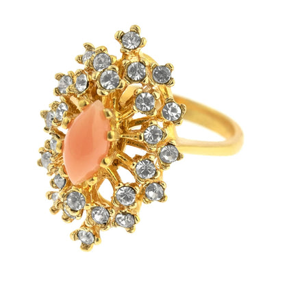 Vintage Ring Genuine Coral Surrounded by Clear Swarovski Crystals Cocktail Ring 18k Gold Size 4 Only R221
