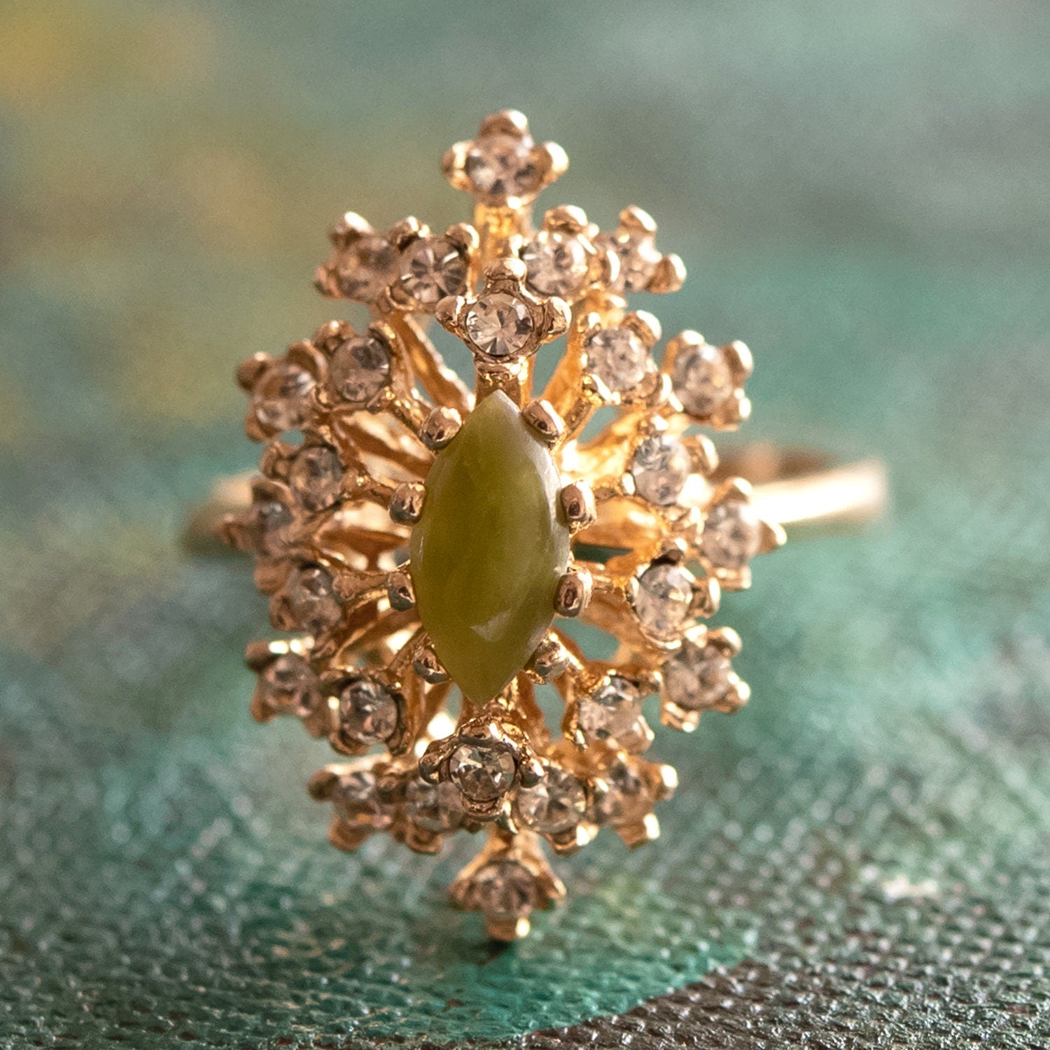 Vintage Ring Genuine Jade Surrounded by Clear Swarovski Crystals Cocktail Ring 18k Gold R221 Antique Womans - Limited Stock - Never Worn