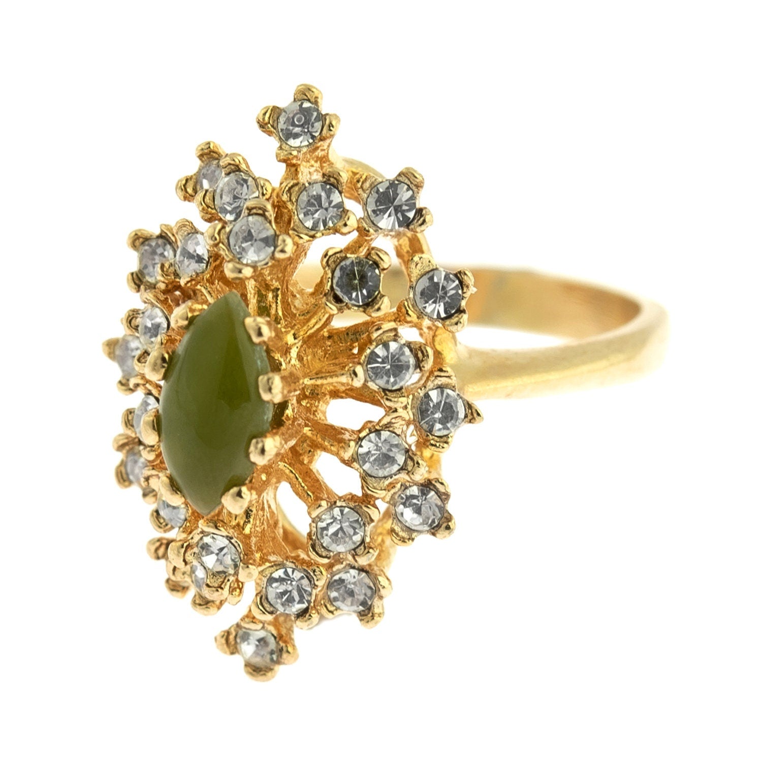 Vintage Ring Genuine Jade Surrounded by Clear Swarovski Crystals Cocktail Ring 18k Gold R221 Antique Womans - Limited Stock - Never Worn