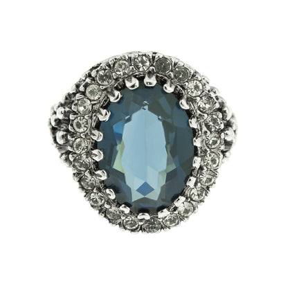 Vintage Ring Sapphire and Clear Crystal Ring Edwardian Style 18k Antique White Gold Silver Ring R169 - Limited Stock - Never Worn