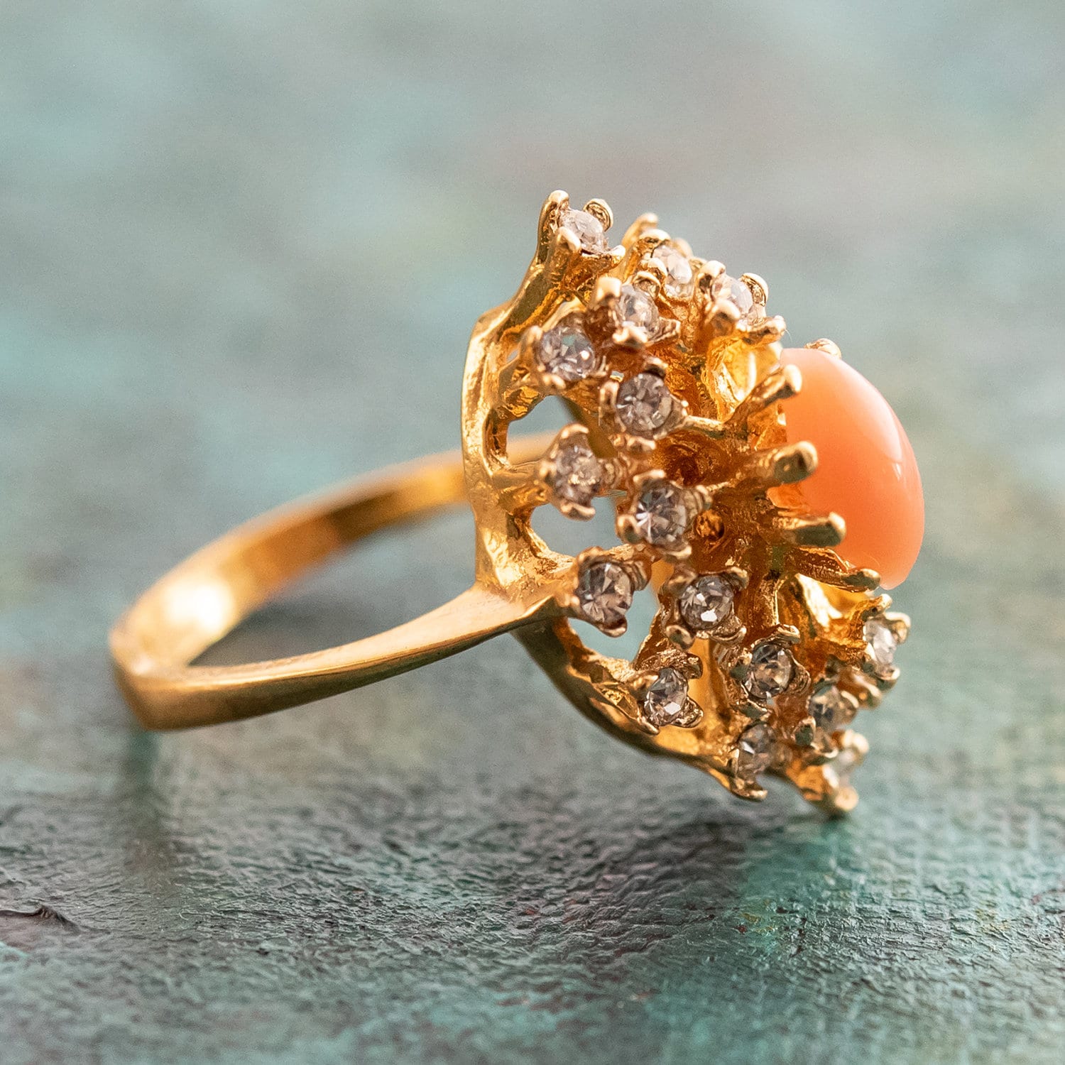 Vintage Ring Genuine Coral Surrounded by Clear Swarovski Crystals Cocktail Ring 18k Gold Size 4 Only R221