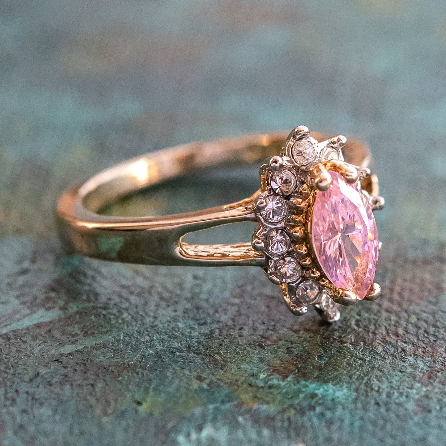 Vintage Ring Pink Tourmaline and Clear Swarovski Crystals 18kt Gold Antique Jewlery for Women #R1314 - Limited Stock - Never Worn