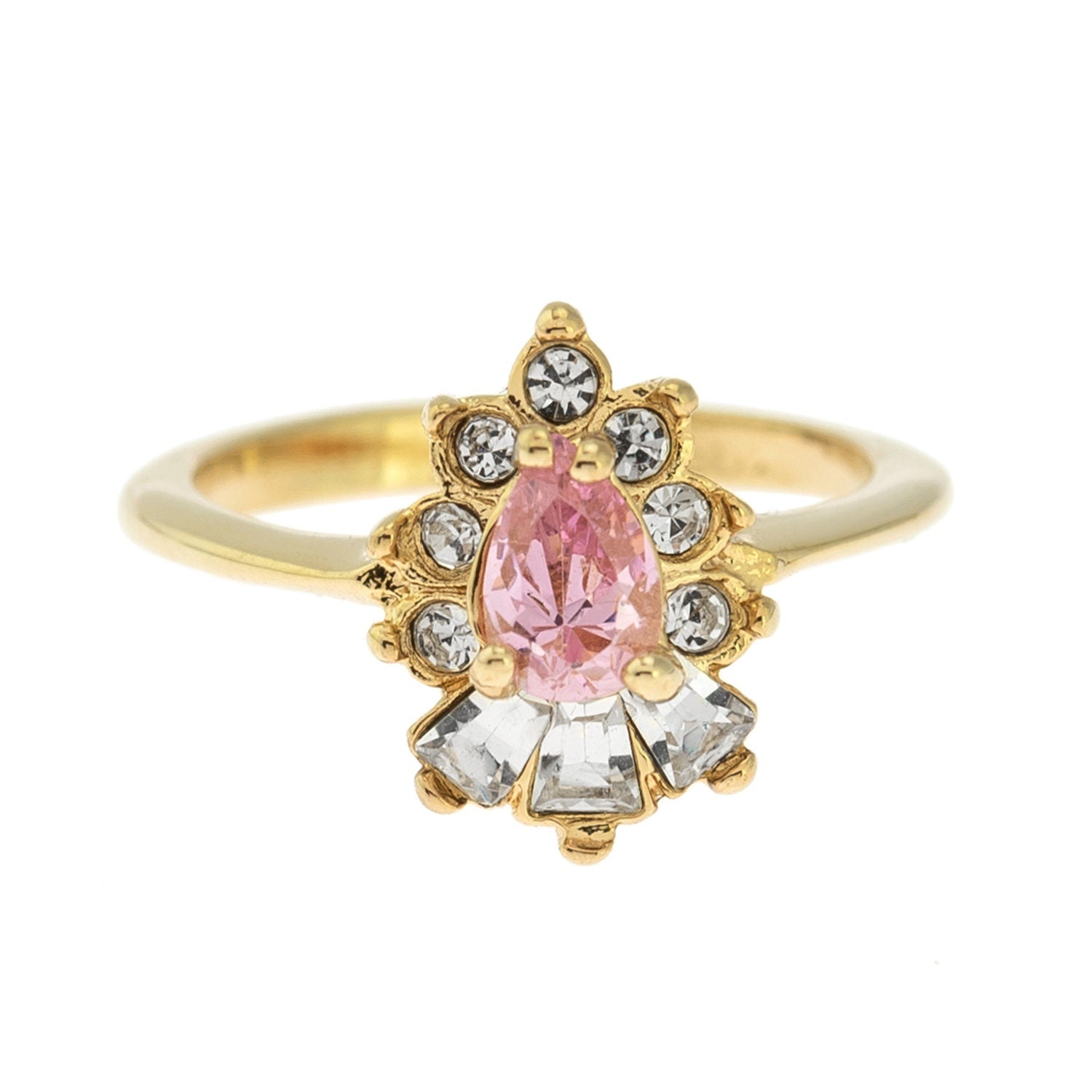Vintage Ring 1990's Pink Tourmaline Cubic Zirconia and Clear Swarovski Crystals 18k Gold Plated Ring R3093