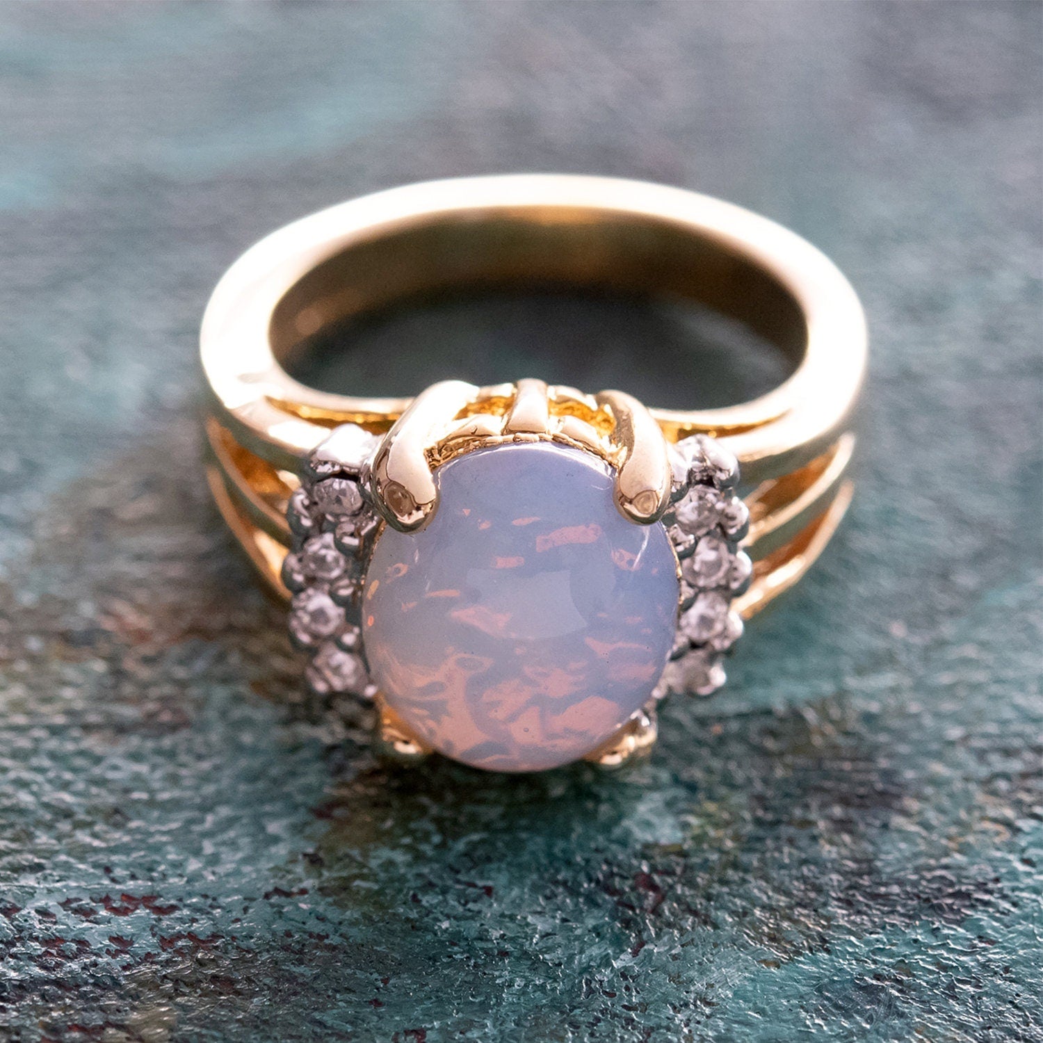 Vintage Ring 1980's Jelly Opal Ring with Clear Swarovski Crystals 18k Gold Antique Womans Jewelry R1664 - Limited Stock - Never Worn