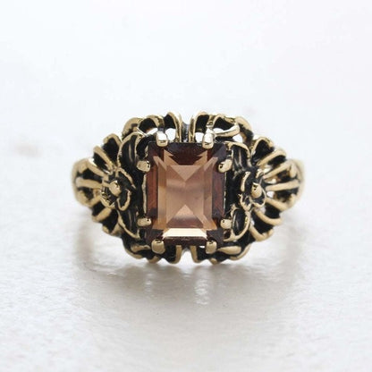 Vintage Ring Emerald Cut Smokey Topaz Swarovski Crystal 18kt Antique Gold Plated Filligre Ring Made in the USA February Birthstone