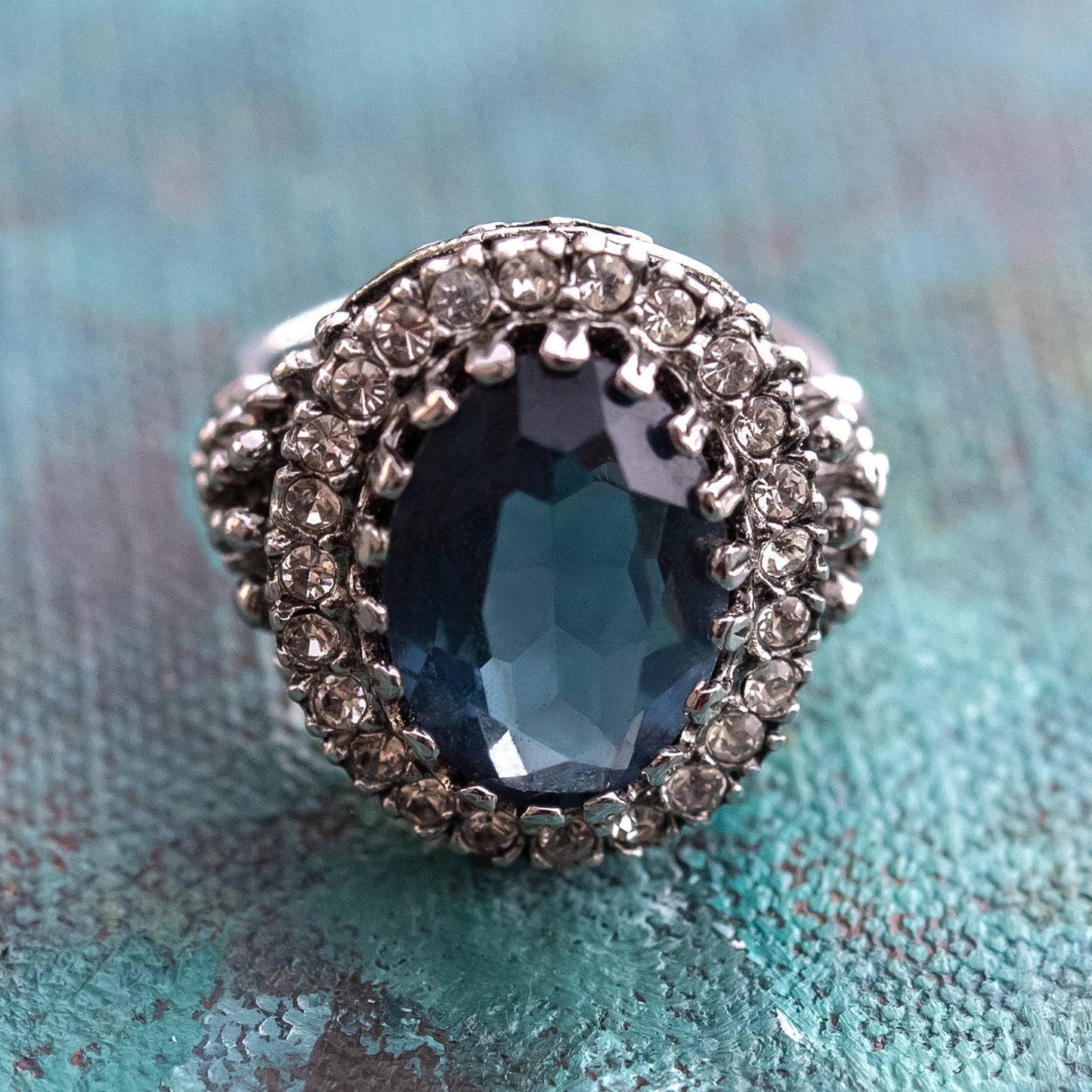 Genuine Blue Vintage Ring Moonstone Edwardian Style Antique 18k White Gold Clear Crystals Womans Jewelry R169