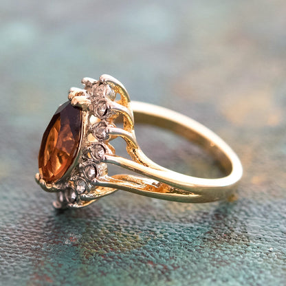 Vintage Ring Smoke Topaz and Clear Swarovski Crystals 18k Gold Plated Antique Womans Jewelry Topaz #R1891 - Limited Stock - Never Worn