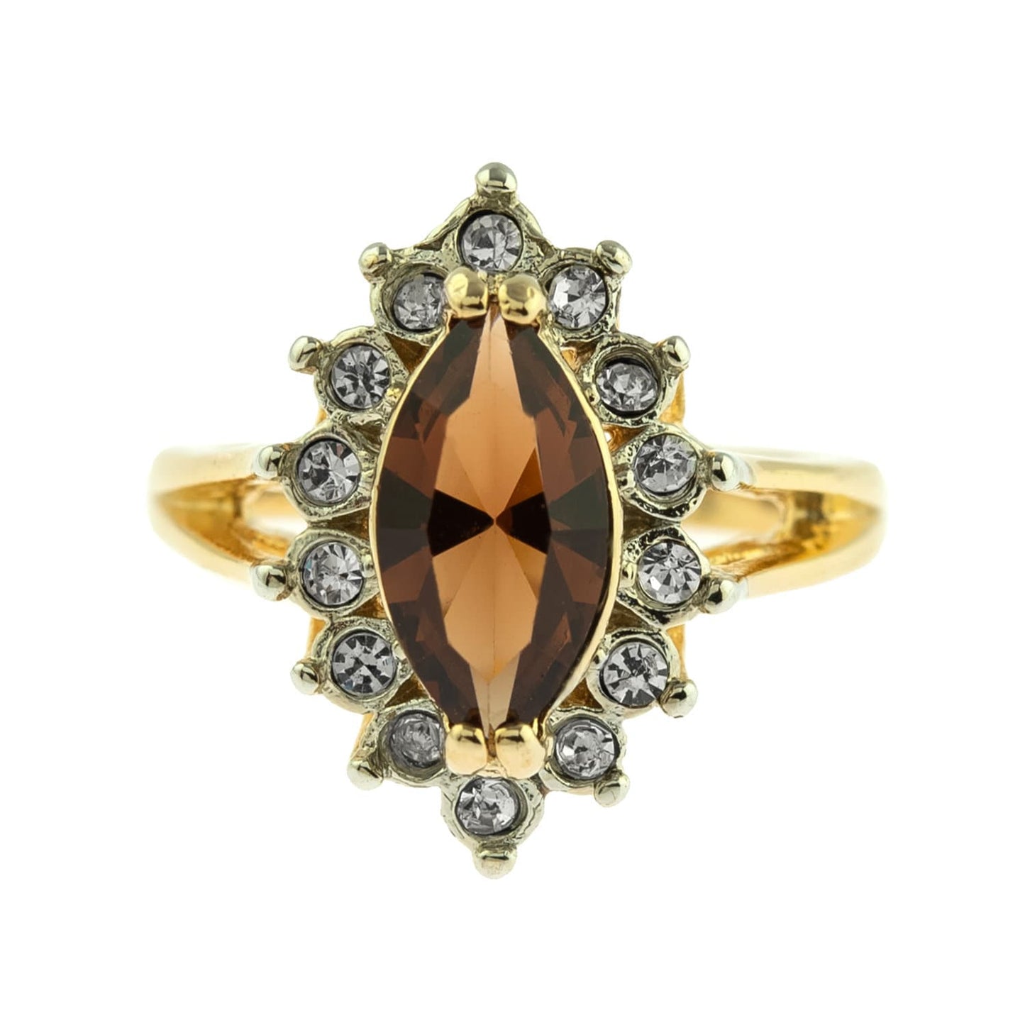 Vintage Ring Smoke Topaz and Clear Swarovski Crystals 18k Gold Plated Antique Womans Jewelry Topaz #R1891 - Limited Stock - Never Worn