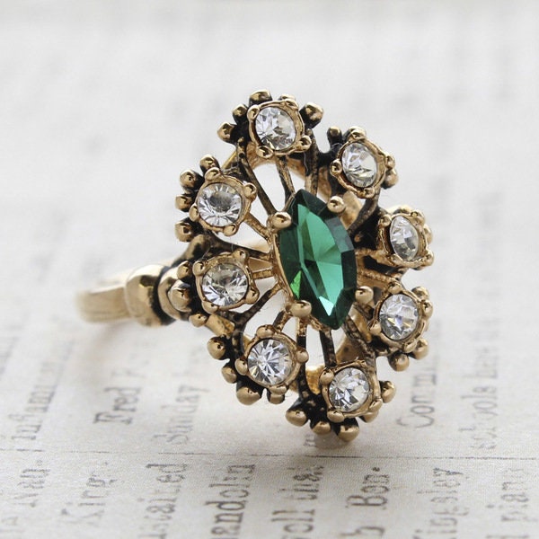 Vintage Ring Emerald and Clear Austrian Crystals Cocktail Ring or Birthstone Ring 18kt Antique Womans Jewelry Rings - LIMITED SUPPLY