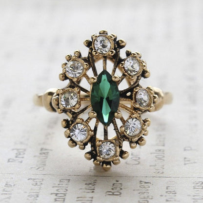 Vintage Ring Emerald and Clear Austrian Crystals Cocktail Ring or Birthstone Ring 18kt Antique Womans Jewelry Rings - LIMITED SUPPLY