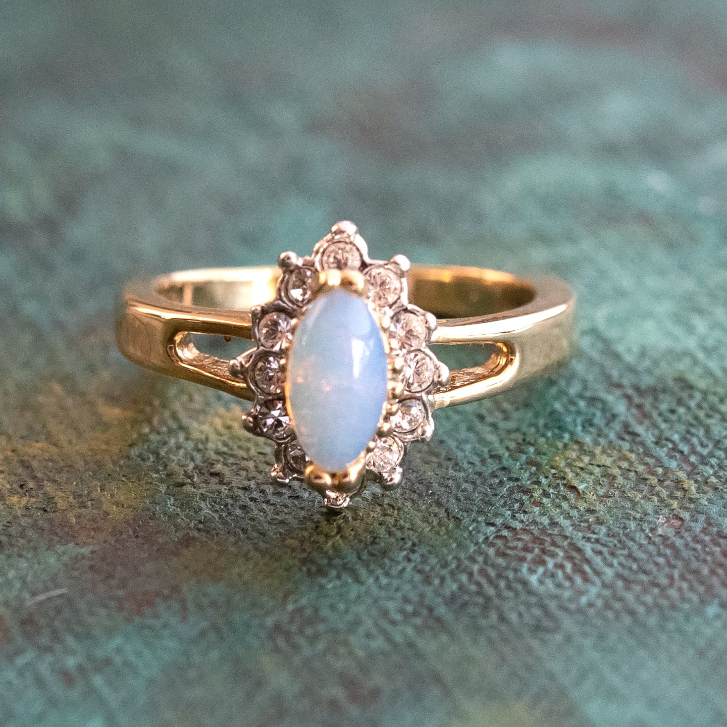 Vintage Ring Genuine Pinfire Opal Ring Engagement with Clear Swarovski Crystals October Birthstone Womans Jewlery #R1314 - LIMITED SUPPLY