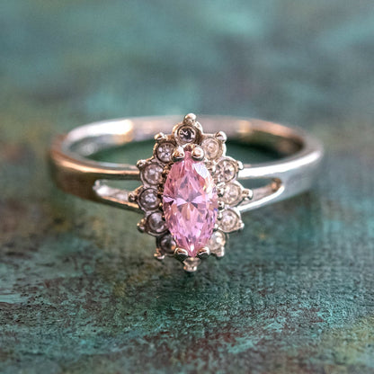 Vintage Ring Pink Tourmaline Cubic Zirconia and Clear Swarovski Crystals 18kt White Gold Silver  #R1314 - Limited Stock - Never Worn