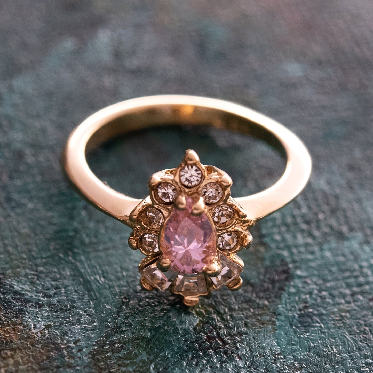 Vintage Ring 1990's Pink Tourmaline Cubic Zirconia and Clear Swarovski Crystals 18k Gold Plated Ring R3093
