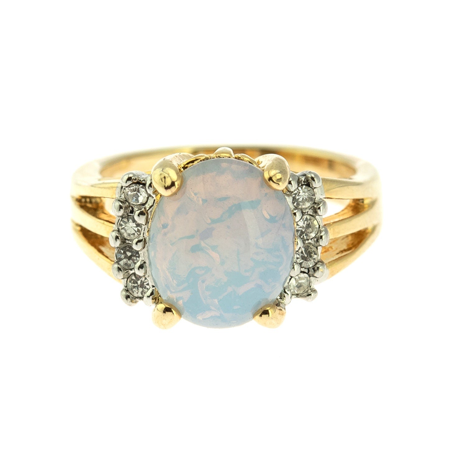 Vintage Ring 1980's Jelly Opal Ring with Clear Swarovski Crystals 18k Gold Antique Womans Jewelry R1664 - Limited Stock - Never Worn